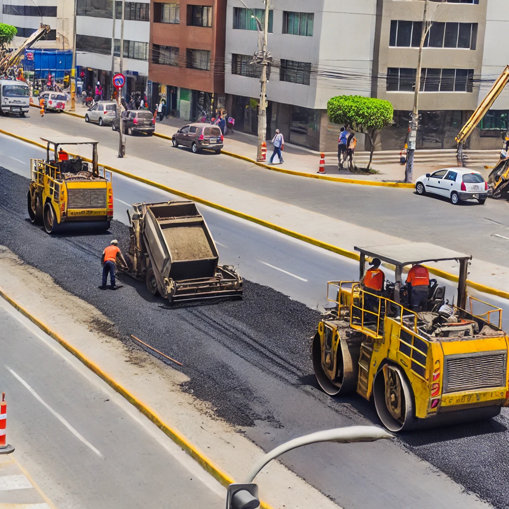 DALL·E .. A detailed scene of a busy road construction site in Lima Peru where workers are performing asphalt paving. Large machinery like asphalt pavers and