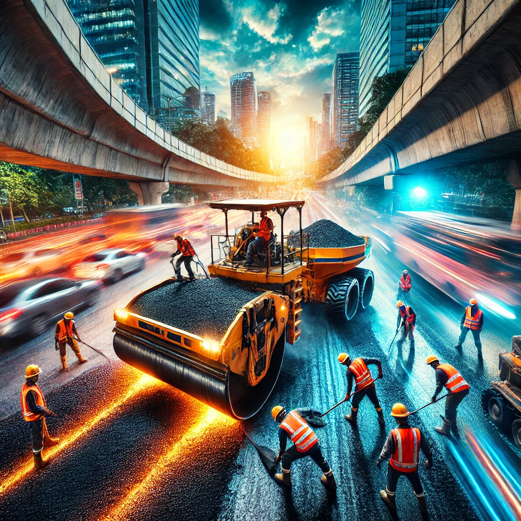 DALL·E .. A high impact image of a construction crew working on a busy highway laying down hot asphalt. Large machinery such as pavers and compactors are in