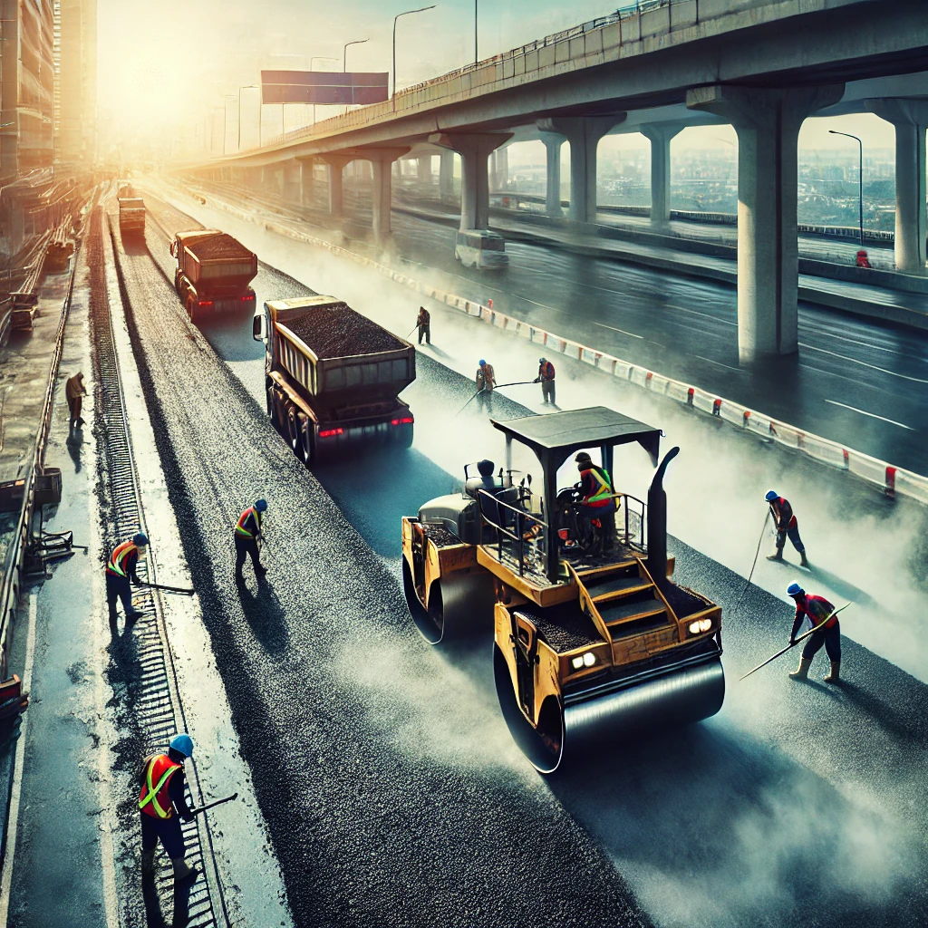 DALL·E .. A high impact image showing a team of construction workers applying hot asphalt on a large highway. The workers equipped with safety gear are using