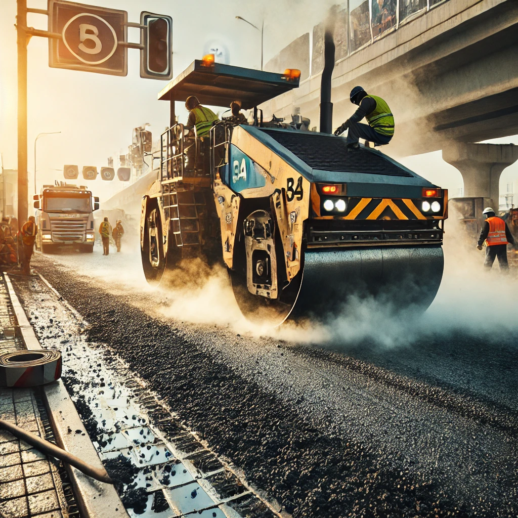 DALL·E .. A close up high impact image of construction workers applying hot asphalt on a road using pavers and compactors. The scene captures the steam rising