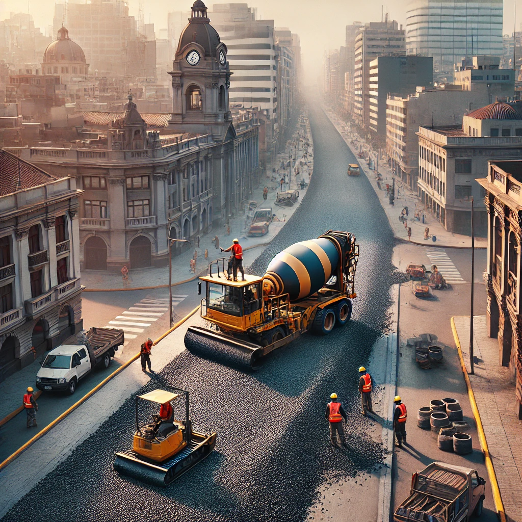 DALL·E .. A high resolution image of a road in Lima being paved with hot asphalt. The scene shows heavy machinery laying down hot asphalt mixture while workers