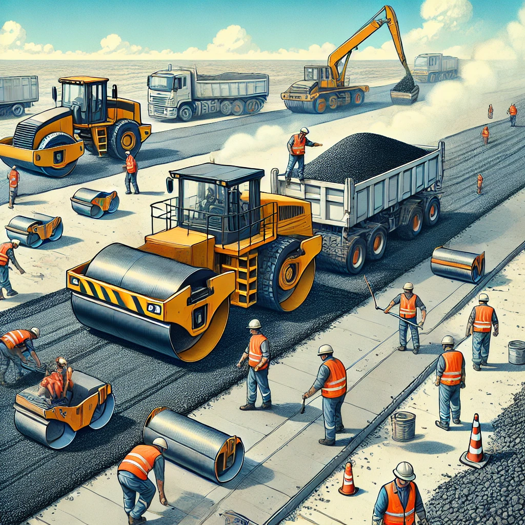 DALL·E .. A detailed illustration of a road construction project using hot asphalt with large machinery like pavers and rollers working on a newly paved highwa