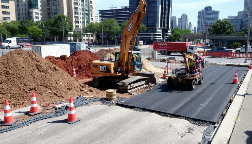 Proceso de excavaciones en proyectos de infraestructura urbana con asfalto Proceso de excavaciones en proyectos de infraestructura urbana con asfalto